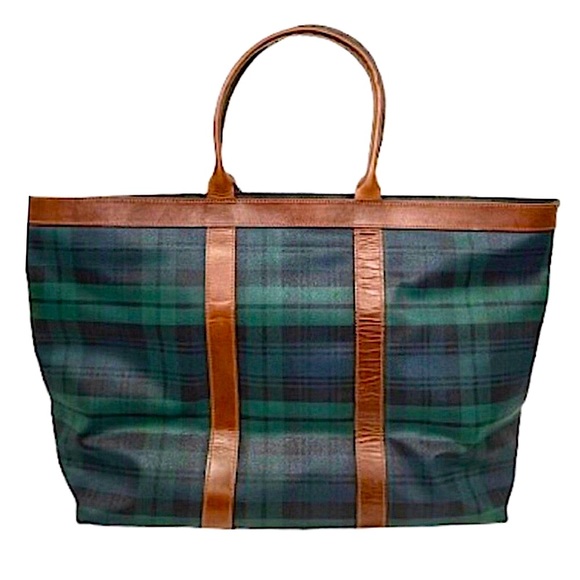 MRALPH LAUREN Black Watch Plaid Coated Canvas Brown
Leather Top Zip Shoulder Bag - Picture 15 of 16